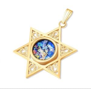 Collar de Oro de 14K con Colgante de Estrella de David con Cristal Romano